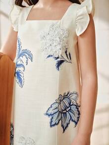 Anewsta 可爱女童宽松飘逸连衣裙，夏季舒适宽袖3D花朵+碎花裙装 - 杏色 - 查看 4