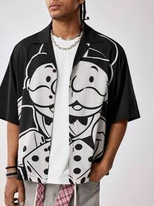 MONOPOLY X SHEIN 男士休闲卡通印花短袖衬衫，夏季 - 黑色 - 查看 3