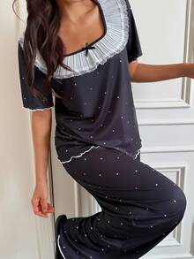 SHEIN Napfluff Cute Ruffle Trim Square Neck Short Sleeve Women Pajama Set - Black - View 6