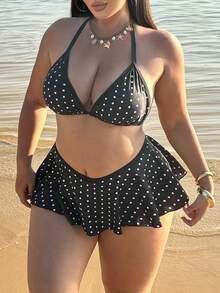 Women's 2-Piece Swimsuit Set: Polka Dot Print Spaghetti Strap Top And Contrasting Ruffle Bikini Bottom - Black - View 5