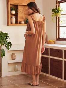 Lullawish Bohemian Ruffle Hem Casual Vacation Comfortable Loose Long Dress For Women - Rust Brown - View 2