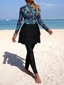 Swim Mulvari 2件套秋冬新款热带花卉印花长袖上衣搭配荷叶边沙滩裙和纯黑色长裤，休闲度假沙滩泳装女装 - 彩色 - 查看 5