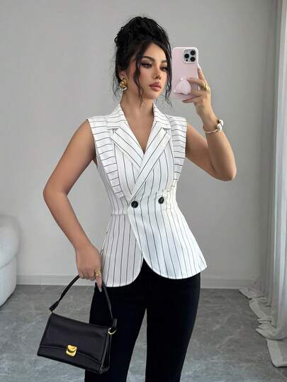 SHEIN Elenzya Distressed Striped Print Double-Breasted Blazer For Women