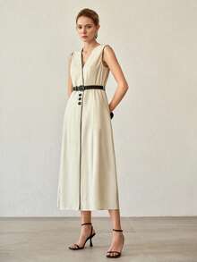 MOTF PREMIUM 女士亚麻质感撞色包边无袖搭扣腰带连衣裙 - 杏色 - 查看 5