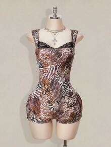 SHEIN ICON Women's Fashionable Sexy Animal Print Bodycon Romper - Multicolor - View 4