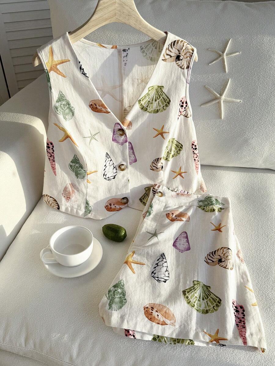 Comfortcana 大码女式单排扣纯色背心短裤休闲套装两件套，春夏米色两件套休闲套装，女式两件套短裤套装，秋冬返校季 - 彩色 - 查看 1