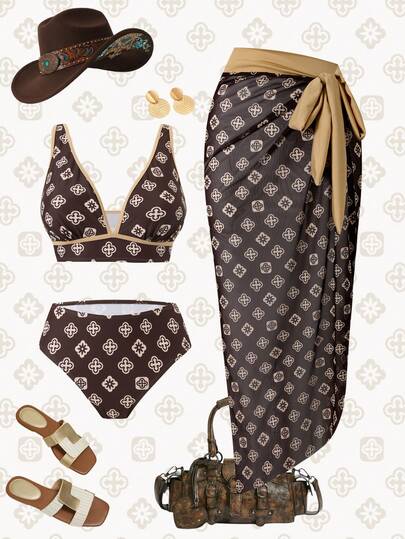 Swim Oasis 3pcs Plus Size Swimwear Set, Minimalist Daily Summer Beach Outfit For Women