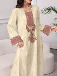 Al Najma Cashew Flower Geometric Pattern Print Textured V-Neck Women's Long Sleeve Maxi Dress, Elegant Arabic Style Outfit, Spring/Summer - Multicolor - View 4