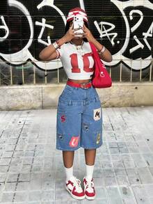 Slaydiva Women's Casual Fashion Street Daily Commute Letter Embroidery Patchwork Pocket Loose Wide Leg 3/4 Length Jeans - Blue - View 7