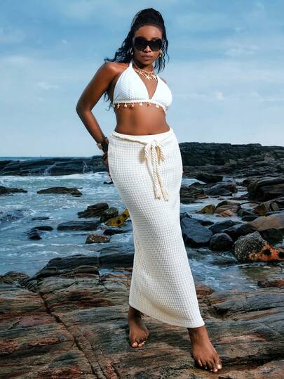 SHEIN EZwear Plus Size Summer Vacation Sheer Crochet Skirt