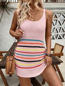 SHEIN LUNE Women's Striped Side Drawstring Sleeveless Knit Dress - Pink - View 3