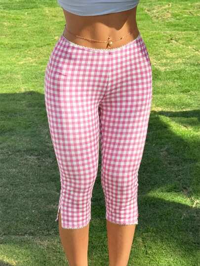 CovetEZ Pink Plaid Knitted Elastic Leggings For Women