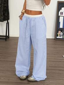 Muchica 女士藍色條紋織物寬褲，寬鬆版型休閒長褲 - 藍白色 - 查看 6