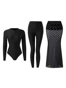 Swim Mulvari 复古黑色长袖防晒衣 + 波点薄纱罩裙套装 - 黑與白 - 查看 3