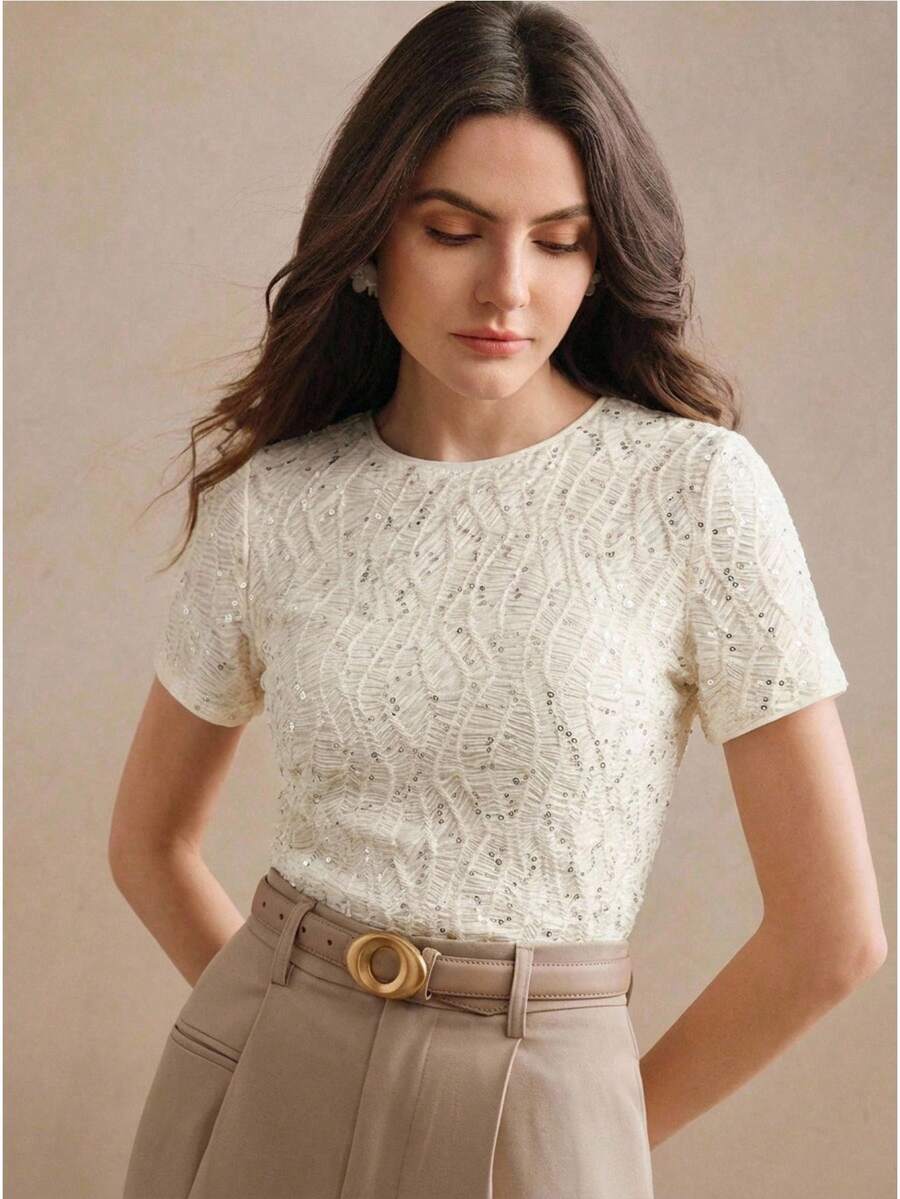 Anewsta 女士春夏新款手工刺绣串珠圆领情人节日常穿着修身亮片装饰奢华时尚设计杏色短袖T恤 - 杏色 - 查看 1