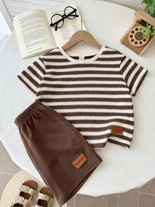 LMoss Kids 2pcs/Set Young Boy Striped Knit Crew Neck Casual T-Shirt And Shorts Set - Multicolor - View 3