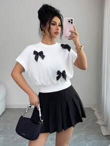 Elenzga Women's Summer Outing, Dating, New Year, Valentine's Day, Easter, Mother's Day, Music Festival, Middle Eastern, Wedding, Elegant Casual Minimalist Commute Romantic Vacation Round Neck Bow Tie Waist Fitted Regular Drop Shoulder Short Sleeve Sweatshirt, White - White - View 1