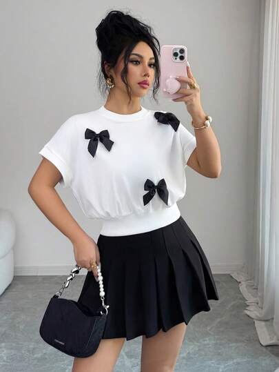 Elenzga Women's Summer Outing, Dating, New Year, Valentine's Day, Easter, Mother's Day, Music Festival, Middle Eastern, Wedding, Elegant Casual Minimalist Commute Romantic Vacation Round Neck Bow Tie Waist Fitted Regular Drop Shoulder Short Sleeve Sweatshirt, White