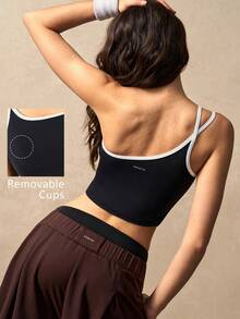 VARSIVA Contrast Trim Fitted Cropped Sports Tank Top - Black and White - View 12