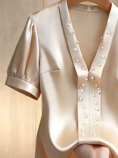 GlowEve CURVE Plus Size Women's V-Neck Elegant Pearl Decor Slim Fit Blouse, Suitable For: Daily Commute, Casual Dates, Light Social Occasions, Formal Events