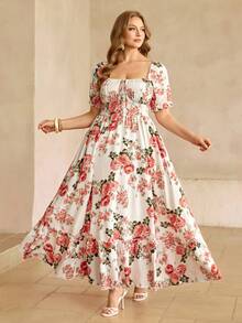 Roveilla 大码优雅印花雪纺连衣裙，休闲度假装，春夏款 - 彩色 - 查看 4