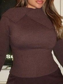 Maria Perezxox 女士高领紧身长袖毛衣，咖啡棕色，秋冬款 - 咖啡棕 - 查看 6