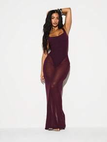 KIZN Vestido largo ajustado de mujer de cuello cuadrado sin mangas color burdeos con detalle de cintura fruncida para fiestas, eventos y cócteles - Burdeos - Ver 3