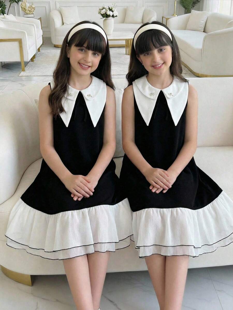 SHEIN Vestido sin mangas con cuello elegante y de moda para niña preadolescente - Blanco y Negro - Ver 1
