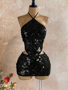 Soleia 女士度假沙滩亮片露背吊带上衣和迷你裙两件套 - 黑色 - 查看 7