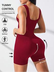 SHEIN Sports Bộ đồ thể thao liền thân, màu trơn/dệt gân/không đường may - Màu Đỏ Sâu - Xem 2