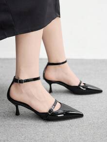 CUCCOO BIZCHIC 女士高跟鞋，简约高端黑色亮面高跟鞋，尖头双扣镂空细高跟鞋，春夏百搭职场约会鞋 - 黑色 - 查看 4
