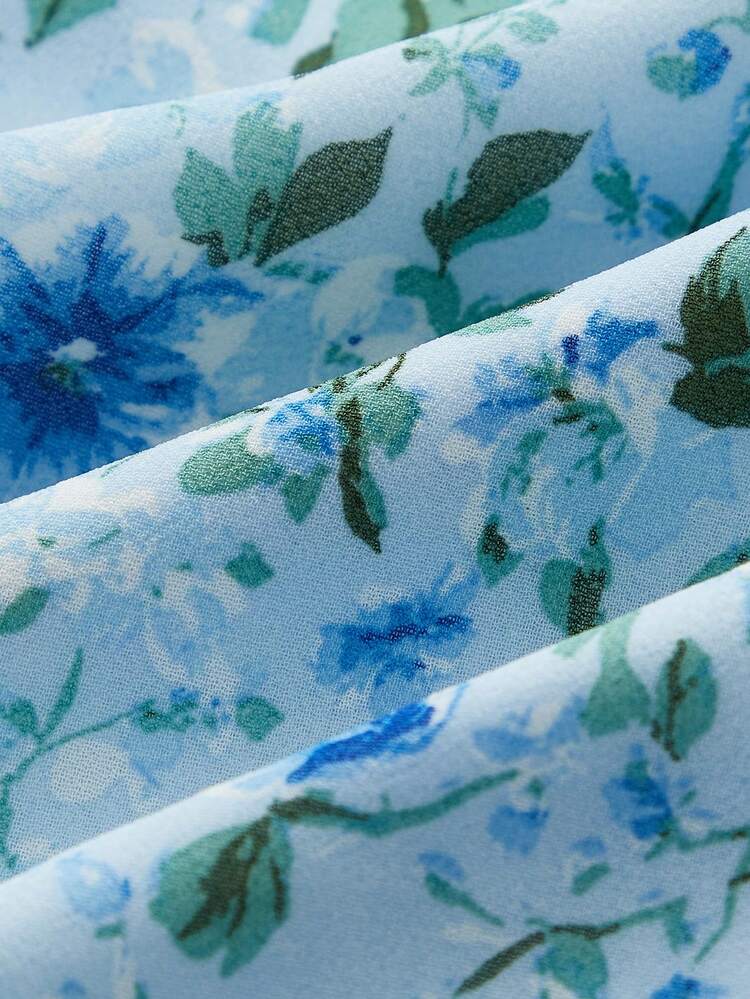 Blue Floral Print Vintage Chiffon Wrap Short Sleeve Blouse With Ruffle Collar Spring Summer French Style Parisian Style Vacation Top Business Casual
