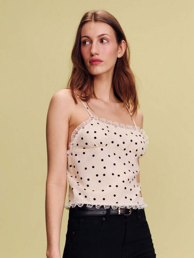Cream Dot Cami With Ruffled Lace Trim Spring Summer Holiday Top Polkadot Top Chic Top French Style Parisian Style Vacation Going Out Top Cami Tops For Women Spaghetti Tops For Women Poka Dots Top Tops For Women For Summer