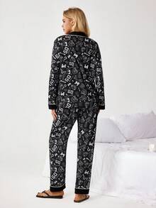 MONOPOLY X SHEIN Women's Geometric Print Single-Breasted Long Sleeve Top And Wide-Leg Pants Casual Loungewear Set - Black - View 2