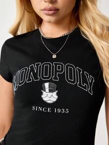 MONOPOLY X SHEIN 女士字母印花圆领短袖休闲百搭T恤，MONOPOLY - 黑色 - 查看 6
