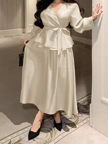 Dazy Plus Plus Size Women's Elegant Solid Color V-Neck Belted Shirt And A-Line Skirt 2-Piece Set, Spring/Summer - Apricot - View 1