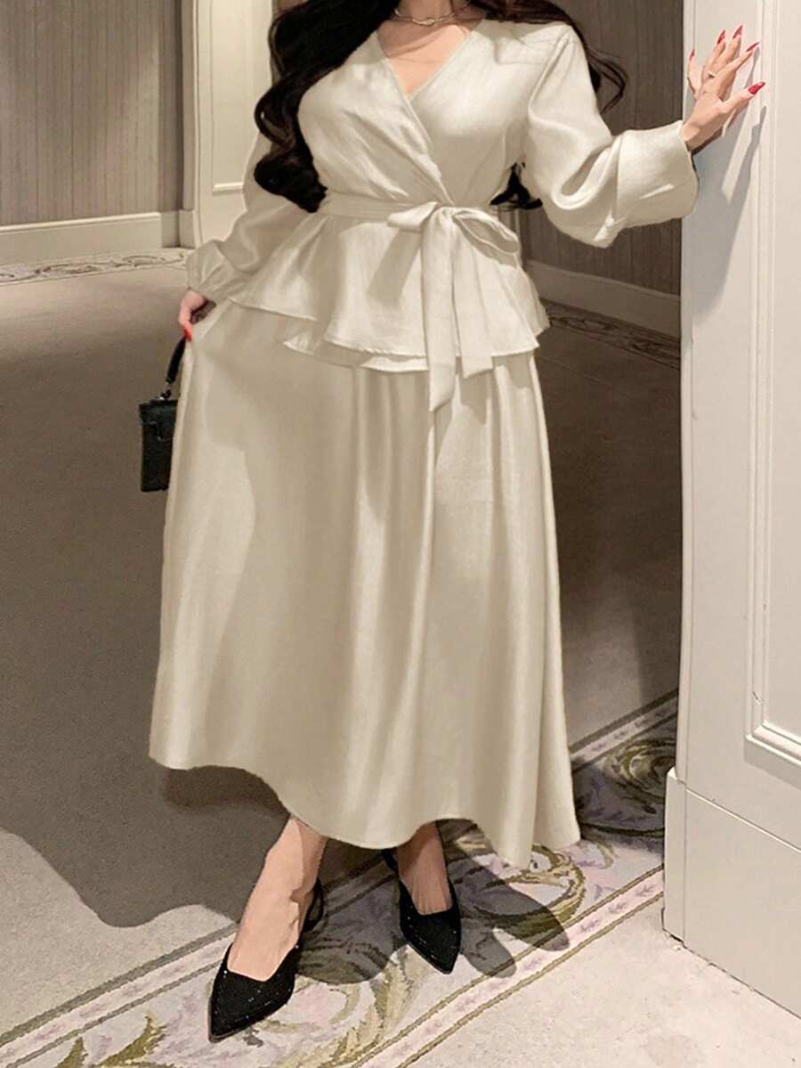 Dazy Plus Plus Size Women's Elegant Solid Color V-Neck Belted Shirt And A-Line Skirt 2-Piece Set, Spring/Summer - Apricot - View 1