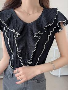 FRIFUL Blusa elegante con volantes y textura para mujer en verano - Negro - Ver 5