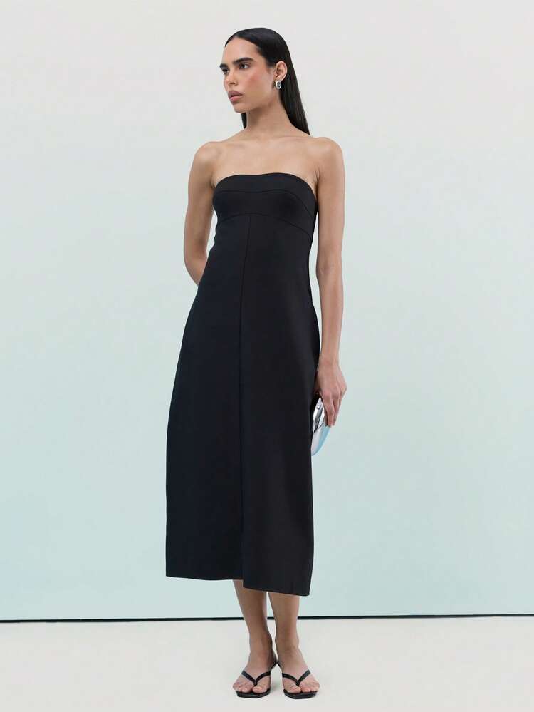 KSTM Strapless Black Midi Dress With Straight Neckline Perfect For Evening Party Wedding Guest Formal Occasions Elegant Sleeveless Design