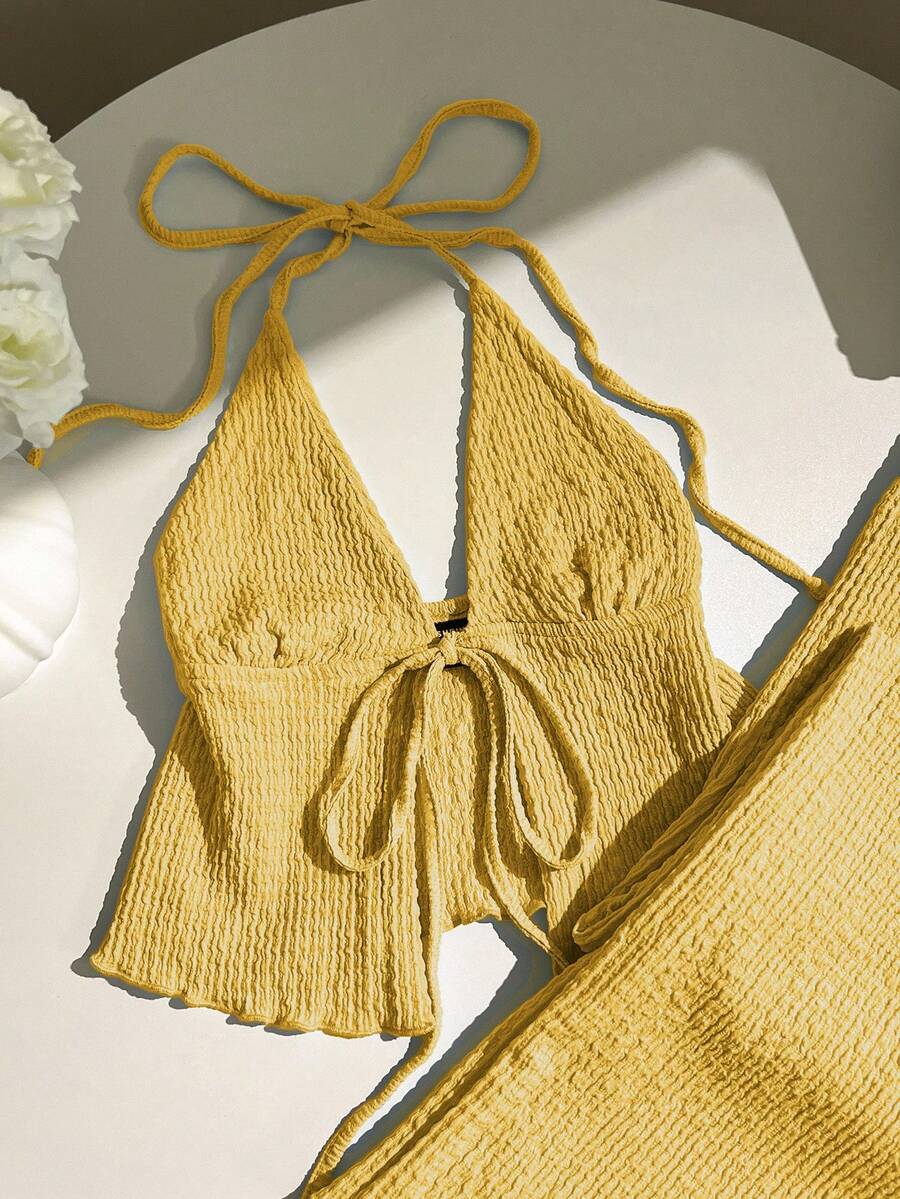 Elamini 纹理面料褶皱露背宽松阔腿裤套装 - 黃色 - 查看 1