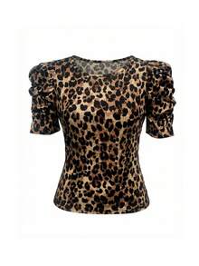 SHEIN Clasi Women's Leopard Print Round Neck Short Petal Sleeve T-Shirt - Multicolor - View 6
