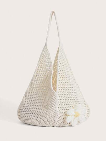 Enchnt 镂空编织包波西米亚风格沙滩手提包镂空托特包大容量休闲风格沙滩包购物女士休闲沙滩包大容量钩针花托特包时尚托特包户外旅行包、沙滩必需品、沙滩必需品、沙滩物品和夏季必需品