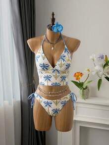 Bellisia 新款女士两件套泳衣，亲肤面料，随机印花露背上衣搭配侧系带泳裤，沙滩度假泳装套装，春夏款 - 淺藍色 - 查看 1