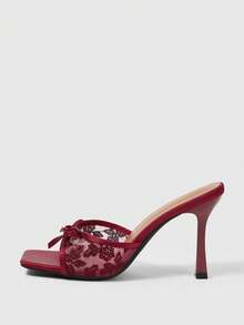 Sleekvia Giày sandal cao gót mũi nhọn màu trắng thêu ren nơ dành cho nữ, kiểu dáng thanh lịch, lãng mạn, thích hợp cho đám cưới, tiệc cưới, lễ phục cô dâu, phù dâu, dạ hội Giáng sinh. - Màu Hoa hồng đỏ - Xem 3