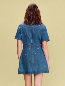 lacRébo Dark Blue Fitted Denim Mini Dress,Pink Floral Embroidery A-Line Skirt,French Vintage Cotton Vacation Dress,Blue Pink,Autumn,Casual,Everyday - Dark Wash - View 2