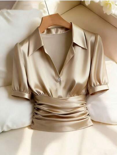 Franclia Women's Apricot Elegant V-Neck Short Sleeve Pleated Satin Blouse, Suitable For Commuting, Daily Wear, Party, Beach, Date, Graduation, Fashion, Casual, Business, Office, Versatile, Suitable For Spring, Summer, Autumn, Winter