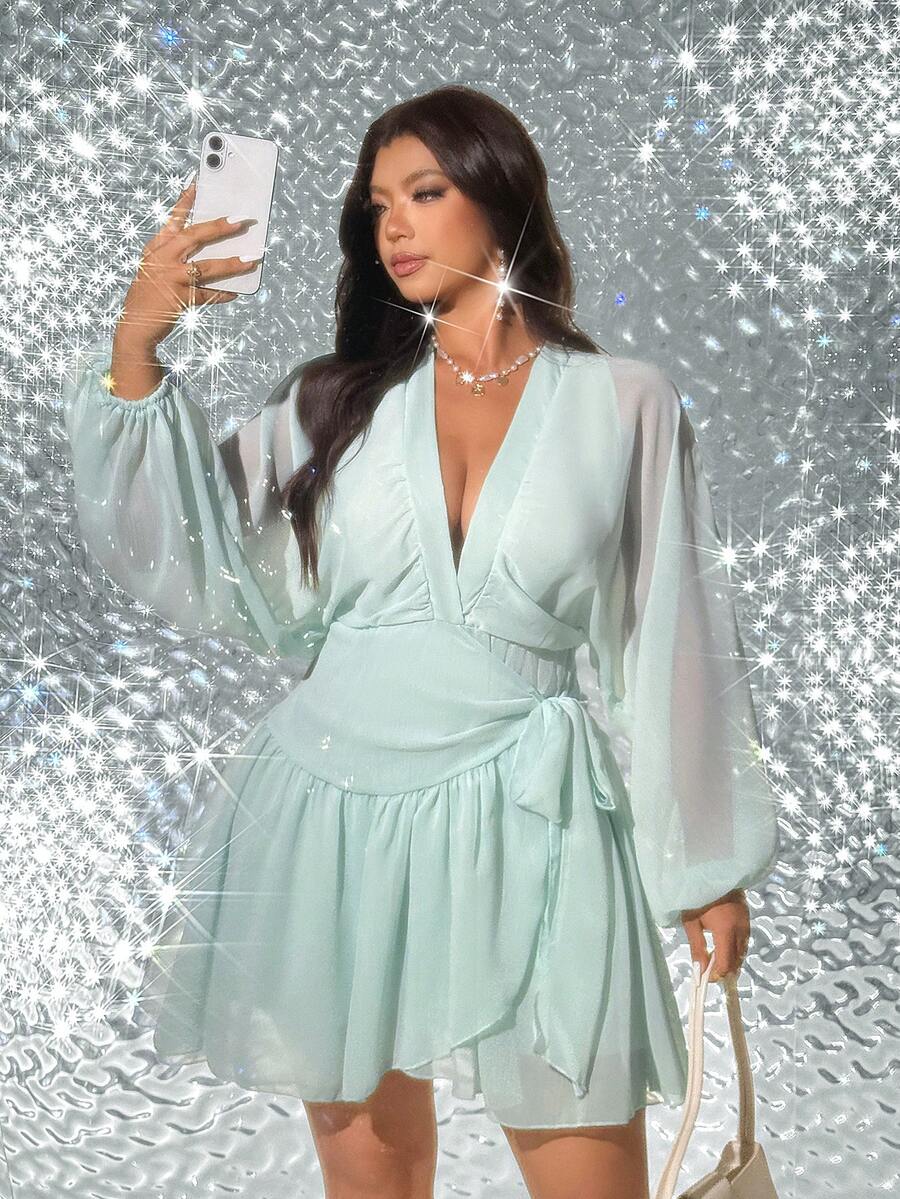 Viva Relle Plus Size Women's Deep V-Neck Semi-Sheer Lantern Sleeve Tie-Waist Dress, Spring/Summer - Mint Green - View 1