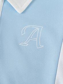 Genkimix Kids 两件套男童活力运动黑白拼接短袖Polo衫和撞色运动短裤，黑色主体搭配白色领子、门襟和侧边拼接，饰有白色字母A图案，Polo领配有两颗白色纽扣，简约运动风，适合所有季节，是休闲玩耍、外出和慢跑的理想之选。 - 彩色 - 查看 5