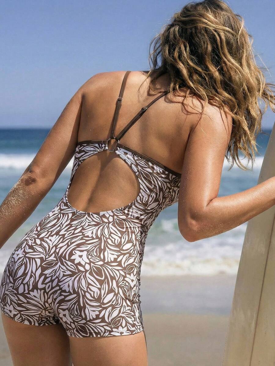 Swim SPRTY Women's Vacation Beach Plant Print One-Piece Swimsuit Beachwear One Piece Beach Romper Boho Swimsuit One Piece Swimsuit Seashell Bathing Suit - Brown - View 1