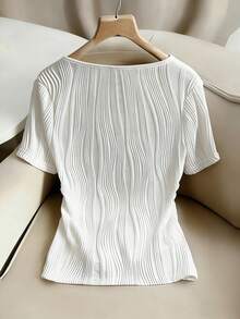 Franclia Women Textured V-Neck Knit Short Sleeve Top - White - View 2